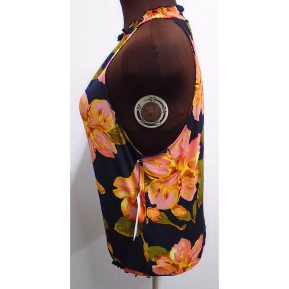 NWT CROSBY WOMENS SMOCKED HALTER TANK TOP NAVY HIBISCUS MEDIUM - Picture 2 of 7